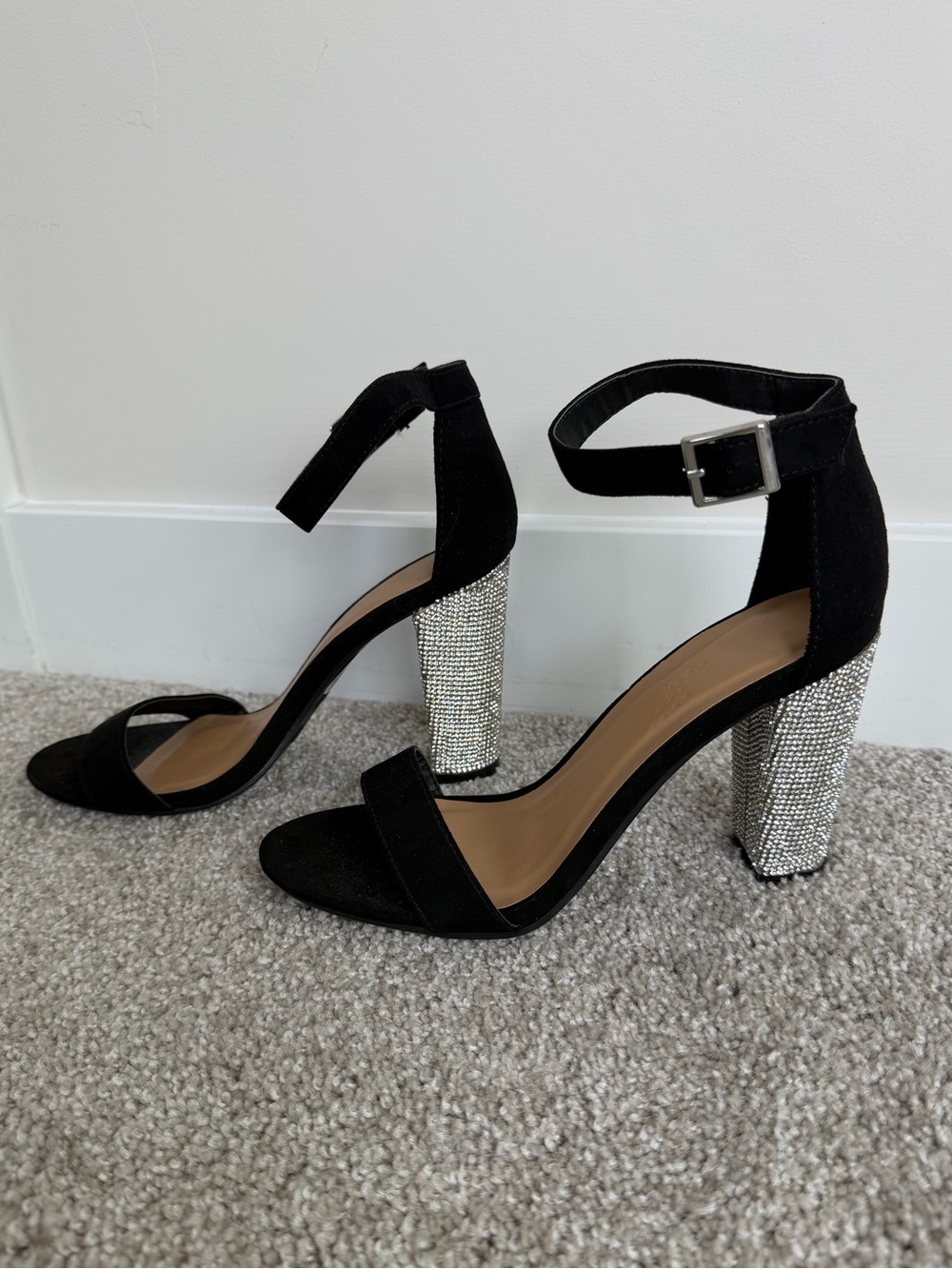 BAMBOO Black Suede Ankle-Strap Heels with Rhinestone Block Heel